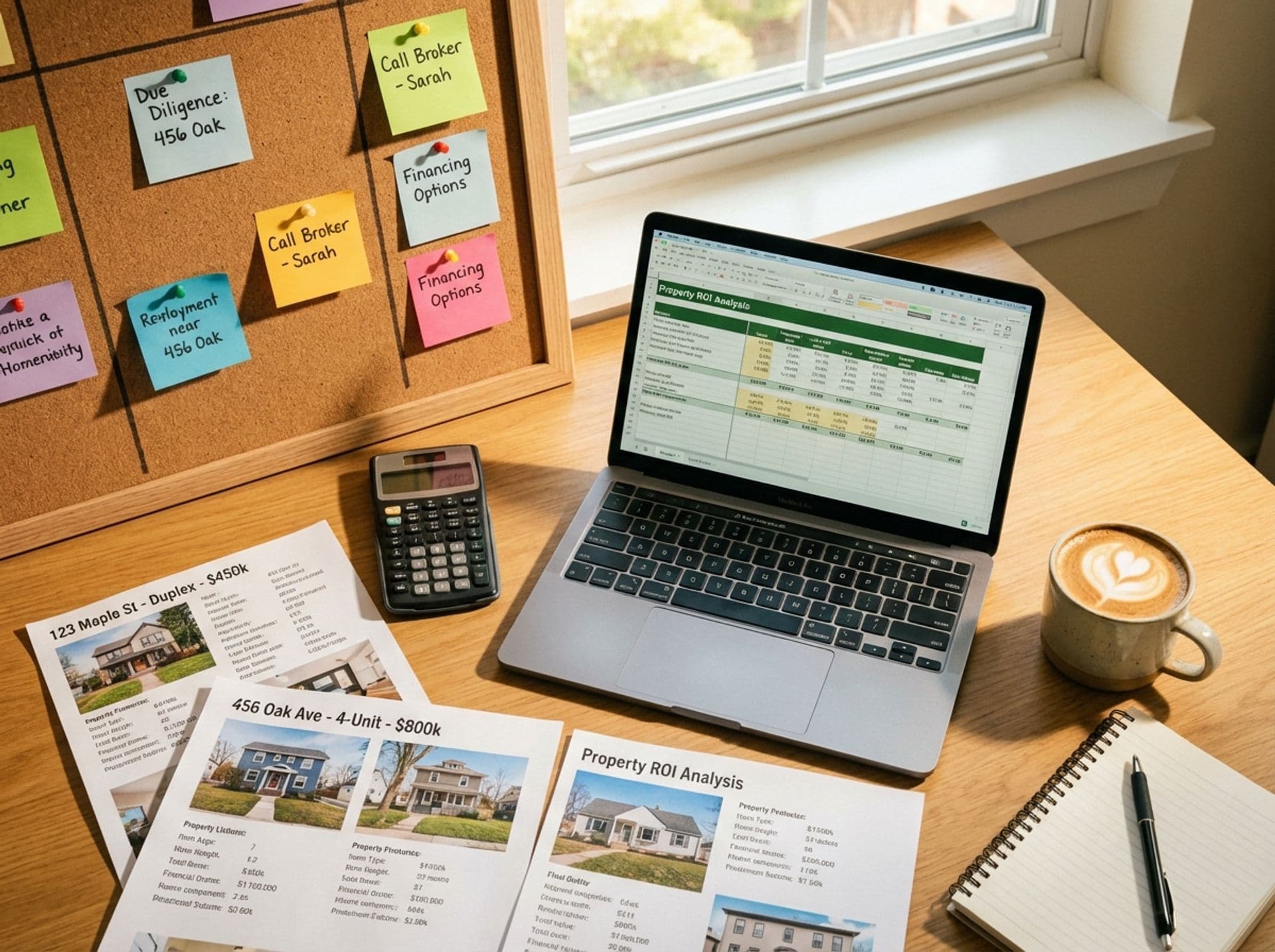 Organized workspace for real estate investment analysis