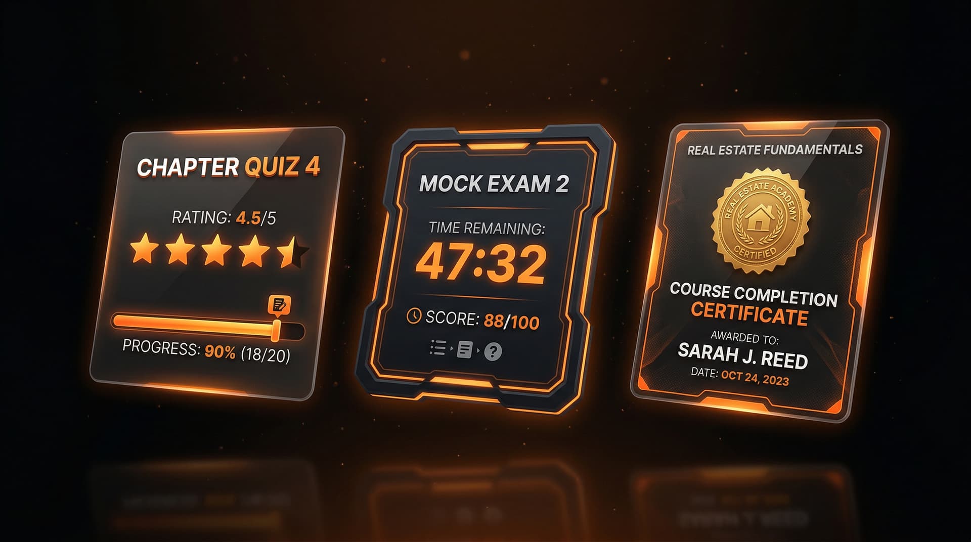 Chapter quizzes, timed mock exams, and completion certificate